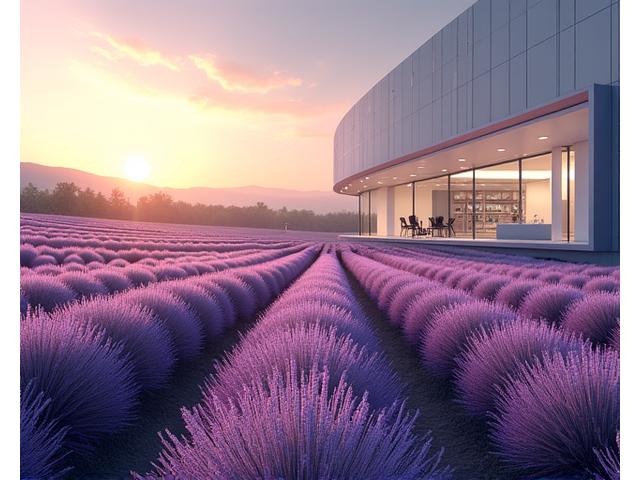 Champs de fleur de Grasse avec un laboratoire moderne en arrière-plan